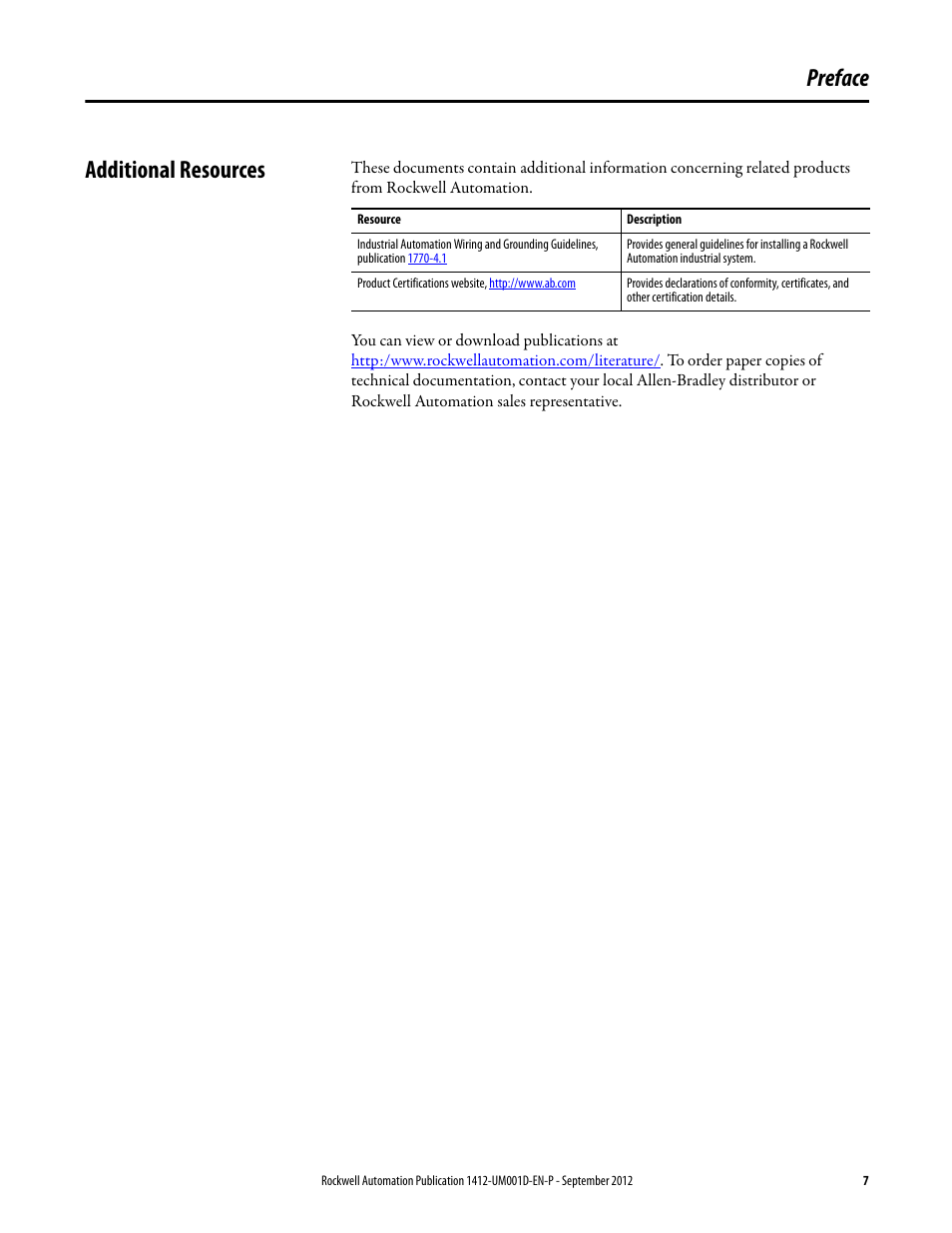 Preface, Additional resources, Preface additional resources | Rockwell Automation 1412-PP21xx PowerPad Portable Powermonitor User Manual | Page 7 / 102