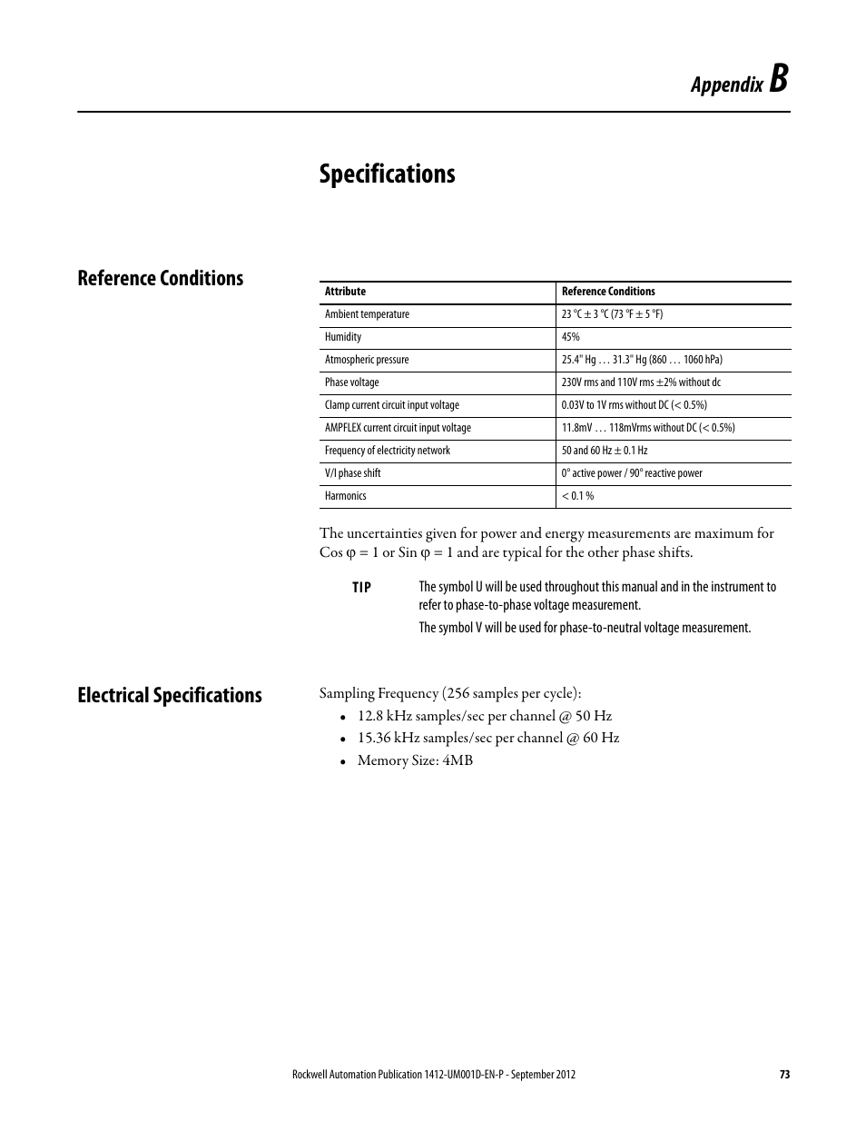 B - specifications, Reference conditions, Electrical specifications | Appendix b, Specifications, Appendix | Rockwell Automation 1412-PP21xx PowerPad Portable Powermonitor User Manual | Page 73 / 102