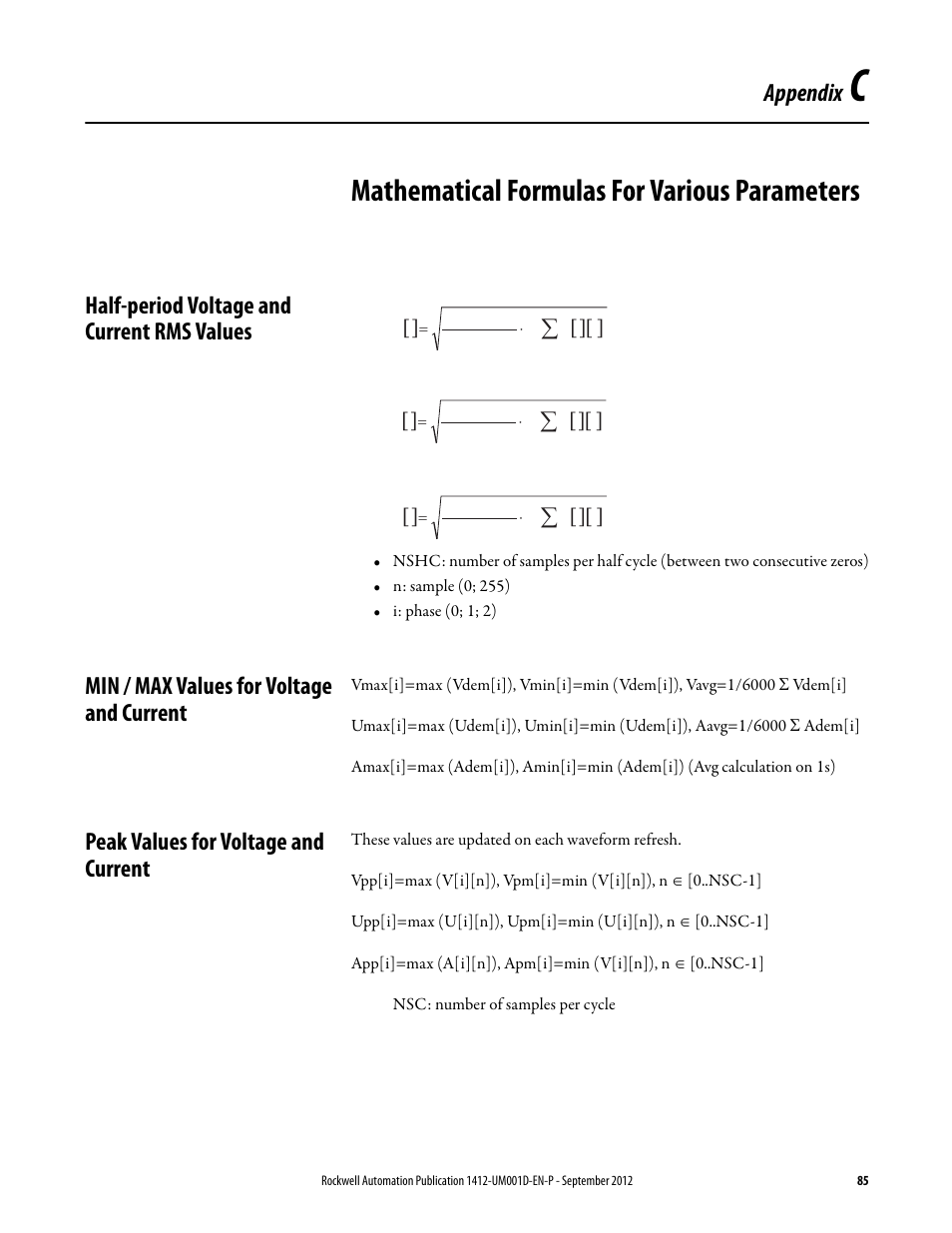 C - mathematical formulas for various parameters, Half-period voltage and current rms values, Min / max values for voltage and current | Peak values for voltage and current, Appendix c, Mathematical formulas for various parameters, Appendix | Rockwell Automation 1412-PP21xx PowerPad Portable Powermonitor User Manual | Page 85 / 102