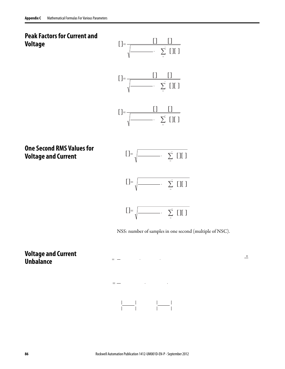 Peak factors for current and voltage, One second rms values for voltage and current, Voltage and current unbalance | Rockwell Automation 1412-PP21xx PowerPad Portable Powermonitor User Manual | Page 86 / 102