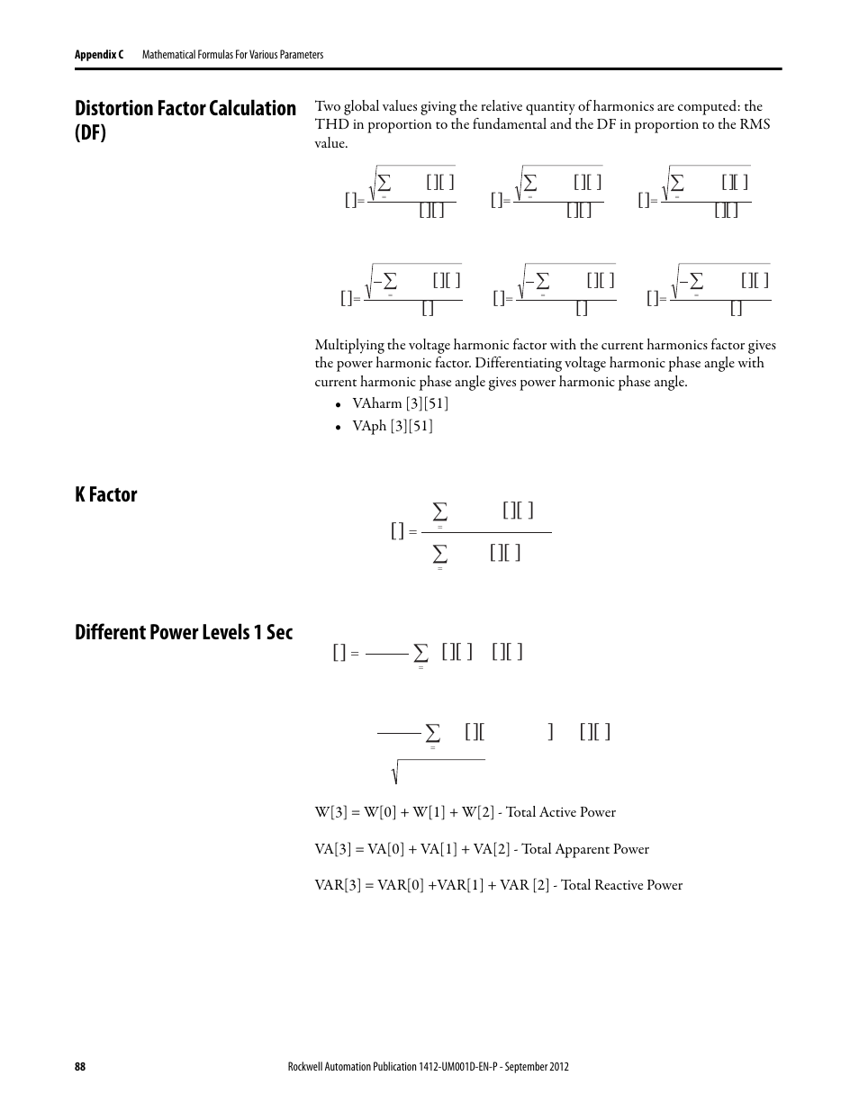 Distortion factor calculation (df), K factor, Different power levels 1 sec | K factor different power levels 1 sec | Rockwell Automation 1412-PP21xx PowerPad Portable Powermonitor User Manual | Page 88 / 102