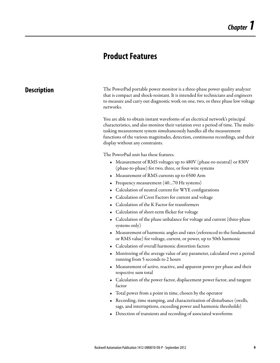 1 - product features, Description, Chapter 1 | Product features, Chapter | Rockwell Automation 1412-PP21xx PowerPad Portable Powermonitor User Manual | Page 9 / 102