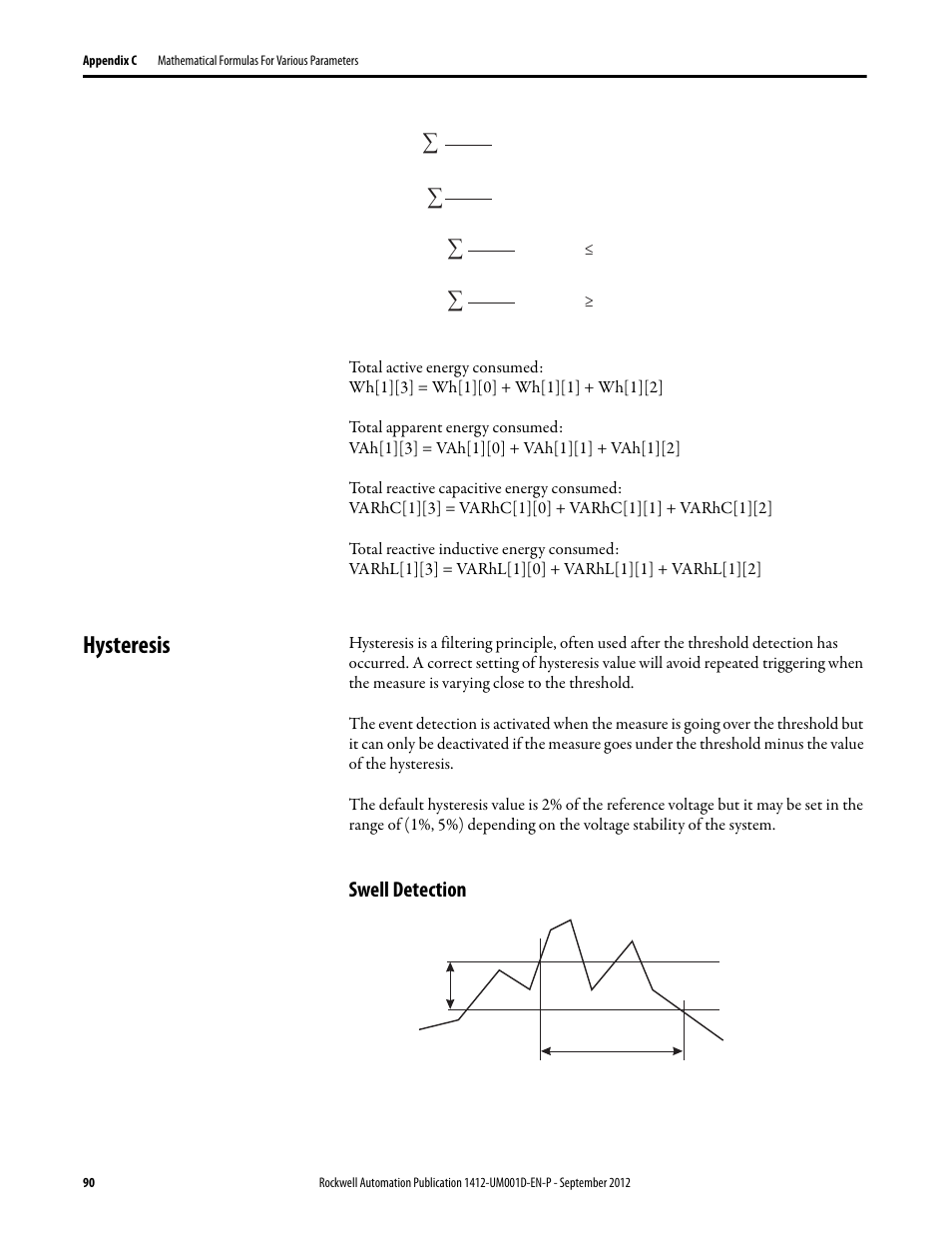 Hysteresis, Swell detection | Rockwell Automation 1412-PP21xx PowerPad Portable Powermonitor User Manual | Page 90 / 102