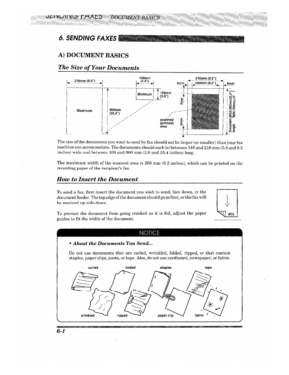 Sending faxes, A) document basics, Notice | A) document basics -1, A) document basics the size of your documents, How to insert the document | Brother INTELLIFAX 710M User Manual | Page 34 / 92