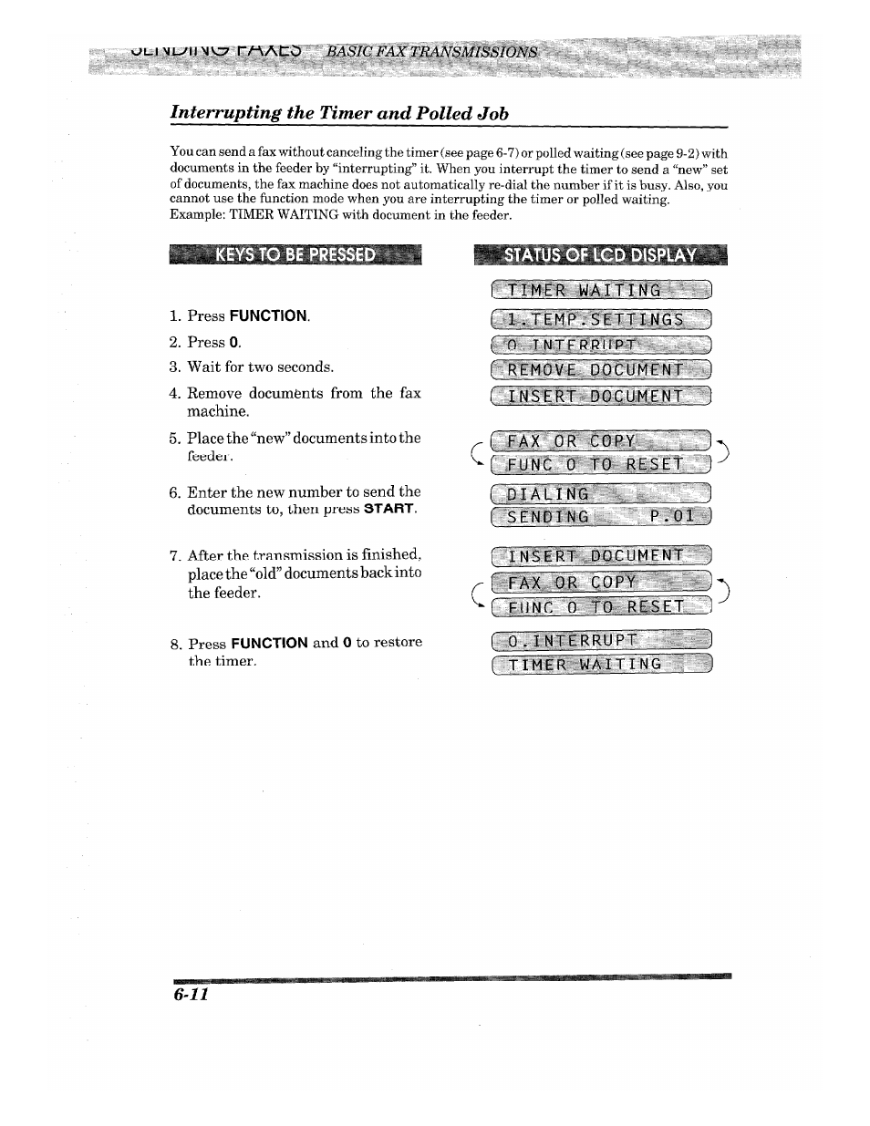 Keys to be pressed, S of lcd display, I^ìmer waiting ) | Cgjemf_• settings ~1, N , interrupt, R fax or copy, Func 0 to res, R dial, R sending, F ^t:n€el.t5i:№u m e nt 1 | Brother INTELLIFAX 710M User Manual | Page 44 / 92