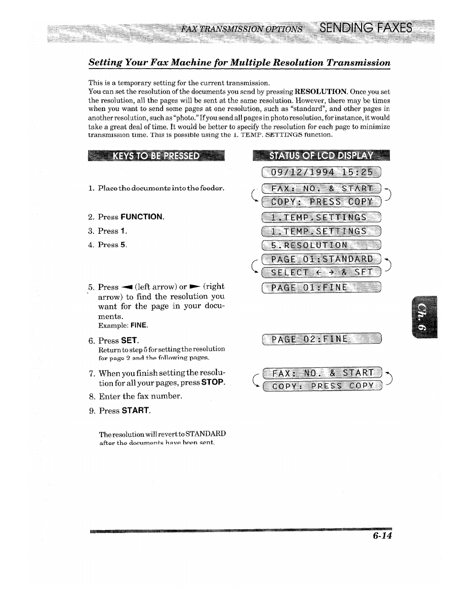 Press function, Status of lcd display, Sending faxes | Brother INTELLIFAX 710M User Manual | Page 47 / 92