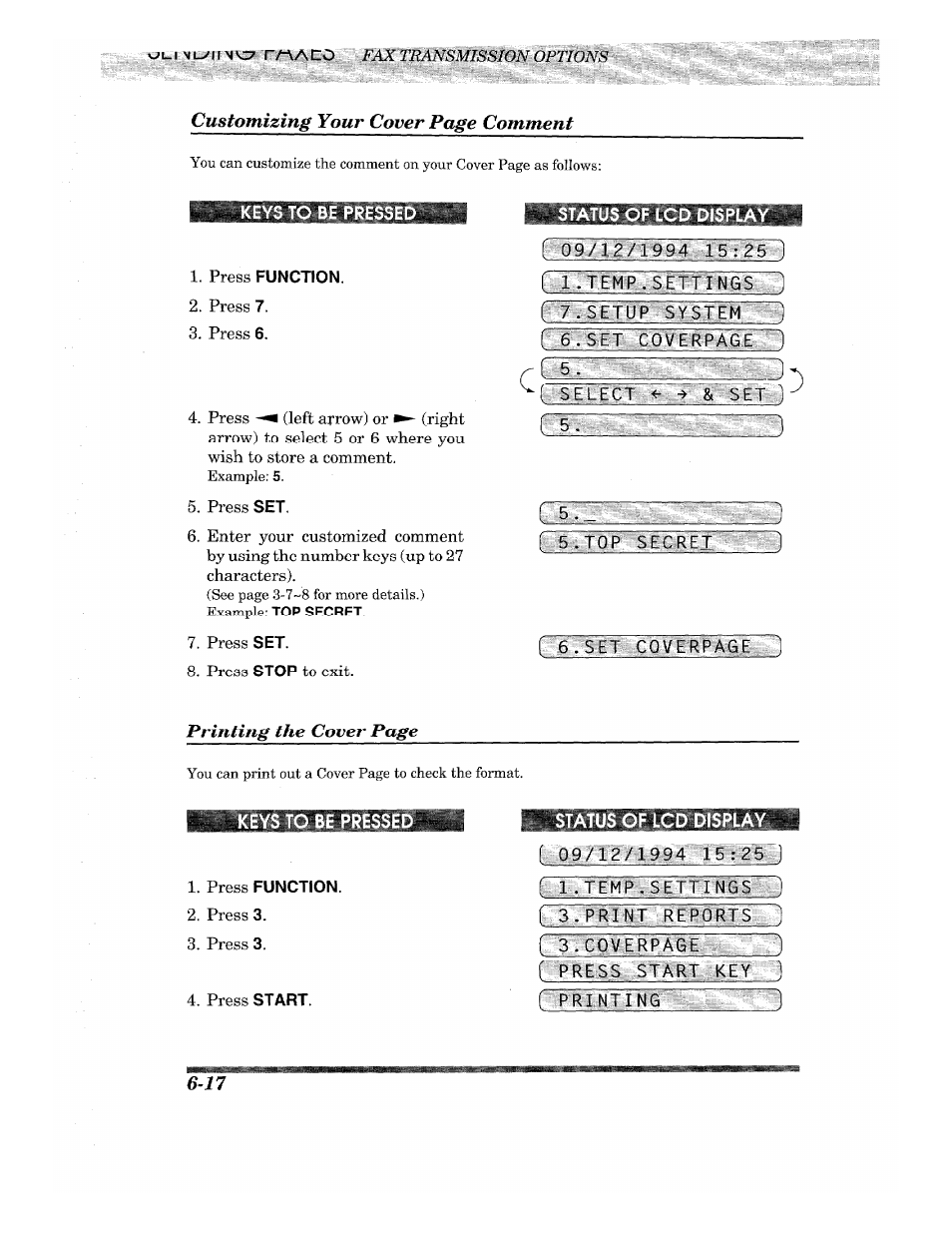 Status of lcd display, T_l-temp.sëtti, Top secret | Keys to be pres, I 09/1?/ 1994 lb • 2l7] . temp. setrrnësyr), F printing | Brother INTELLIFAX 710M User Manual | Page 50 / 92