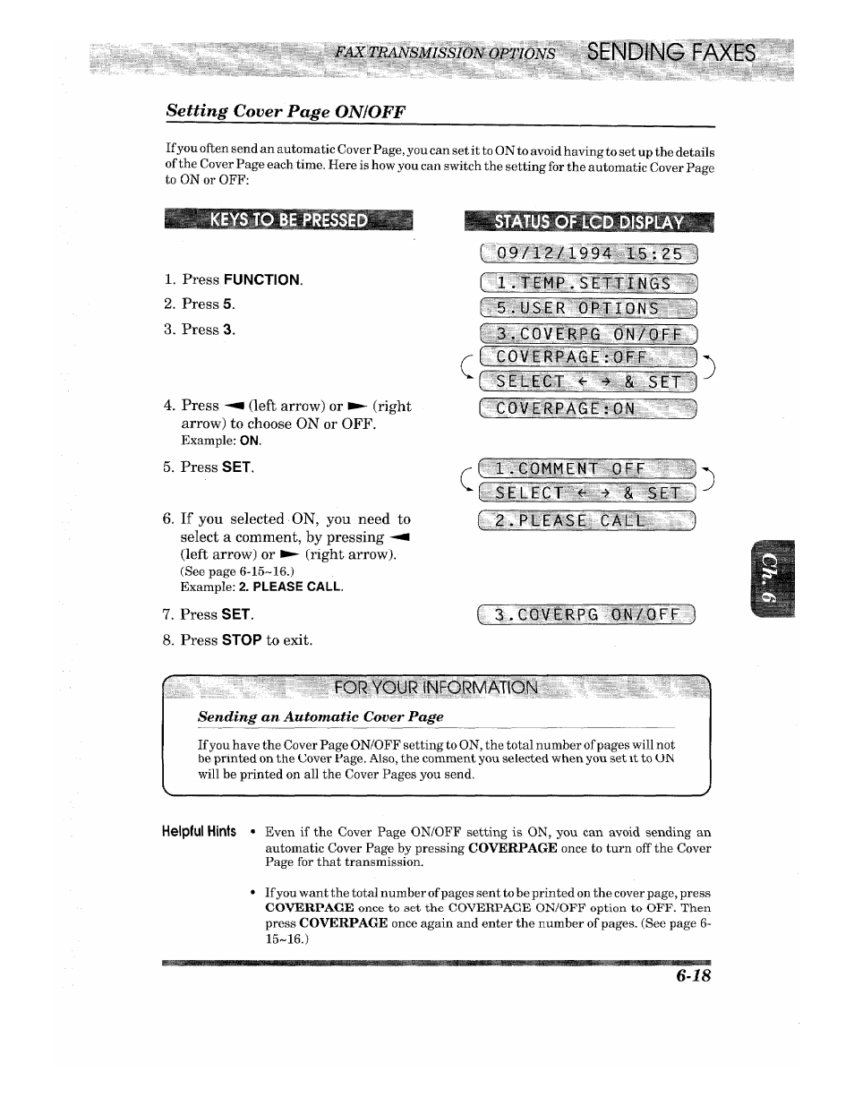 Press function, Status of lcd display, C 09/12/1994 15:2s | C l.temp.setti, Usfr options 1, C0verpg gn;0l#r), C 0yelea6 e-mn,2, Rcjmentljpff y~e) [ ski fct & sft, Pi ease cat i : ), L.govimpg on/qff ) | Brother INTELLIFAX 710M User Manual | Page 51 / 92