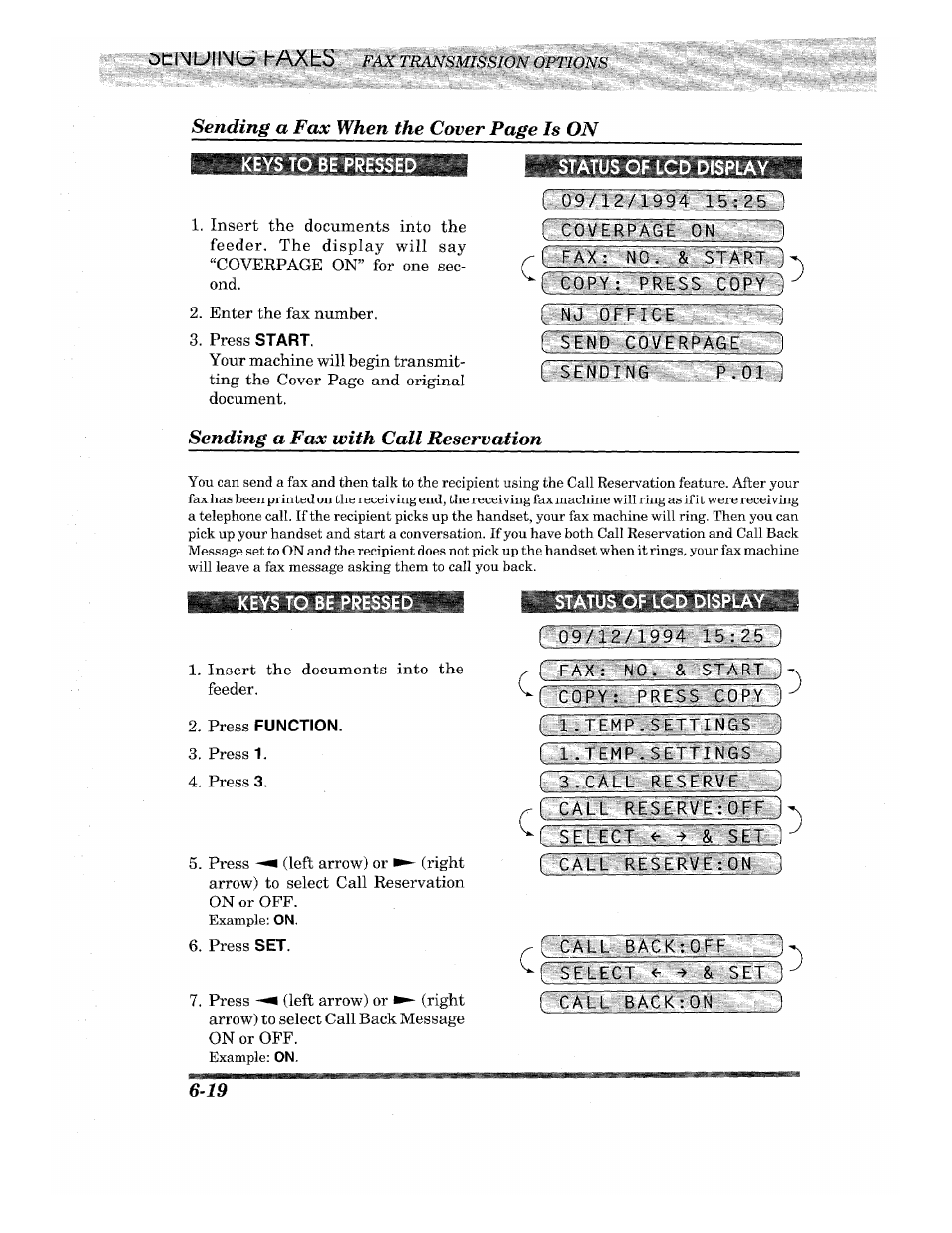 Keys to be pressed, Status of lcd display, Co'v'érpâge on | Office, F;$ëw'bfç0y;rfrwi6e, Sending, Status of lcd disp, R г fax: no. & start, Гса ес*ш»бку е :'ррш, R~call back:on | Brother INTELLIFAX 710M User Manual | Page 52 / 92