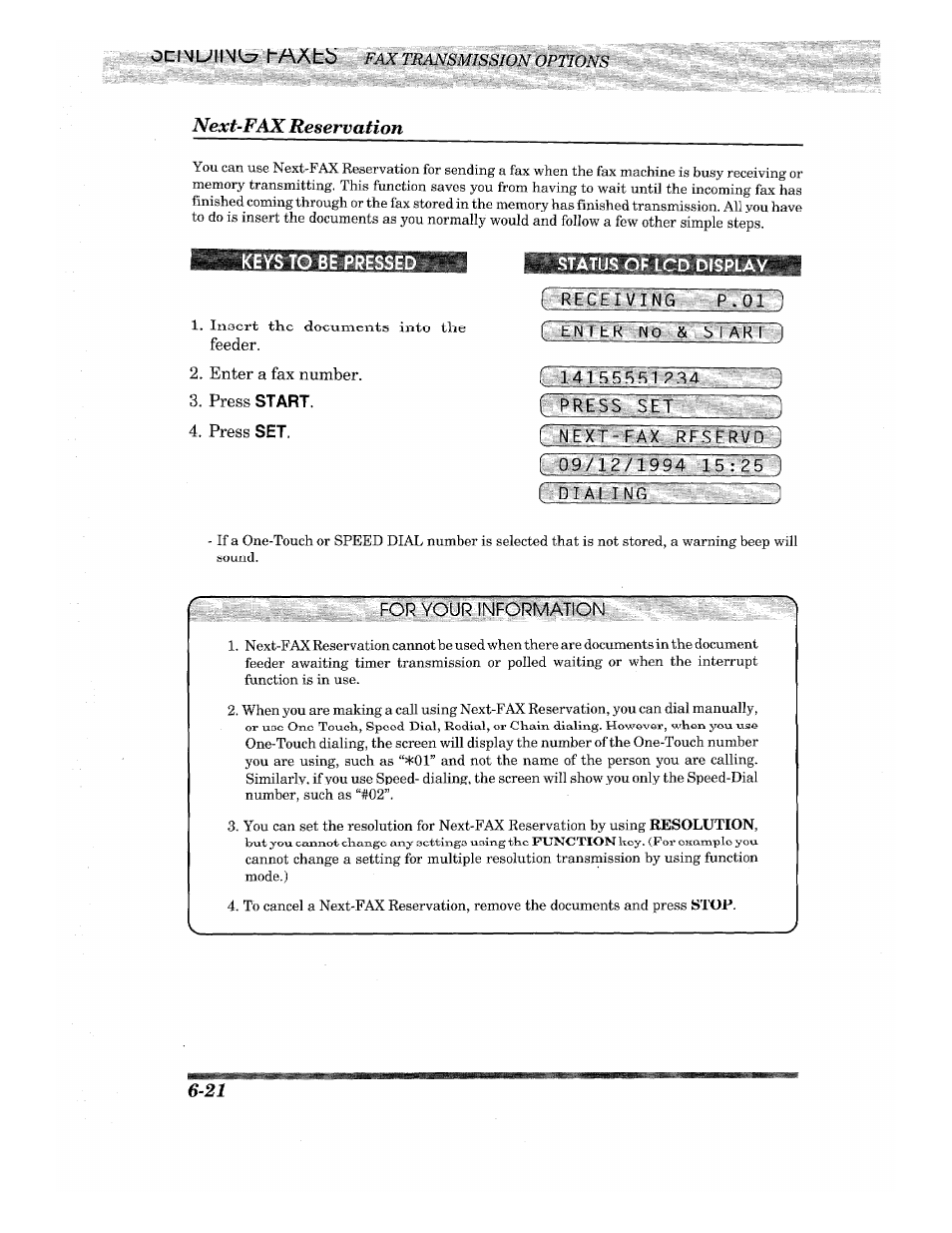 Keys to be pressed, Feeder, Enter a fax number | Press start, Press set, Status of lcd display, F rccliving p.ol ), F, enrekkno-yisiiarr ), 1 1415555l;?.34, F press set | Brother INTELLIFAX 710M User Manual | Page 54 / 92