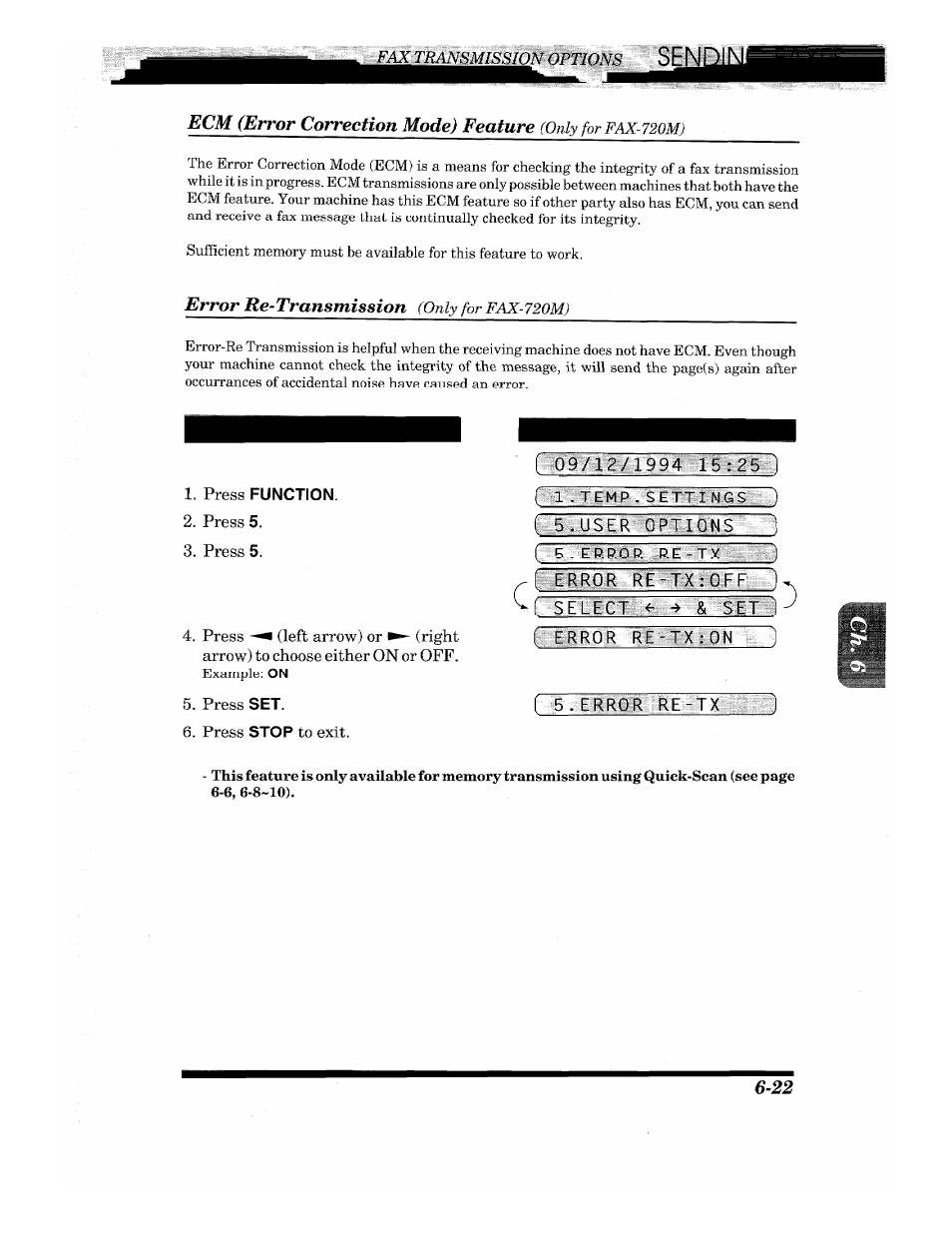 Press set, Press stop to exit, 09/1?/1994 15:25 i | Ecm (error correction mode) feature, Error re-transmission | Brother INTELLIFAX 710M User Manual | Page 55 / 92