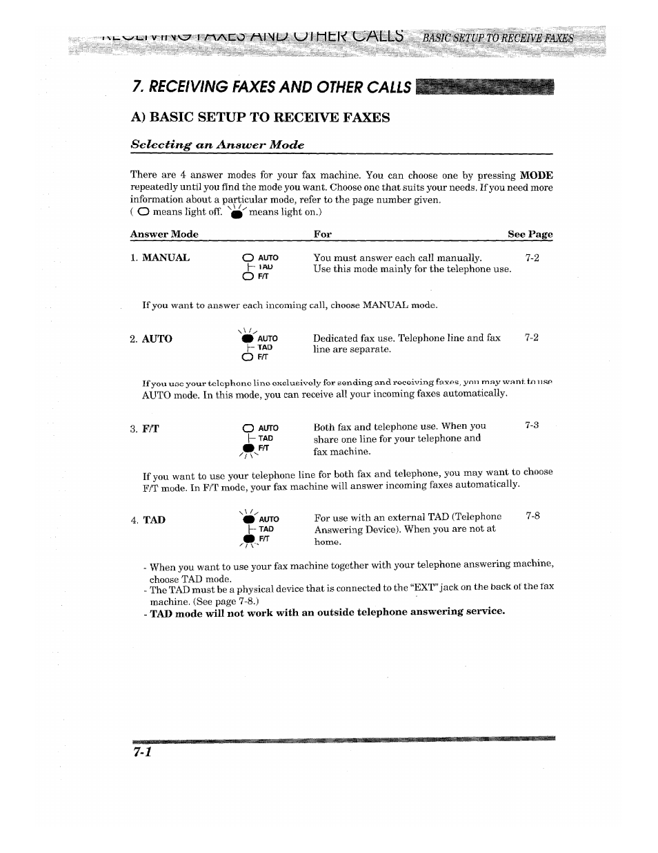 Receiving faxes and other calls, A) basic setup to receive faxes, H€tpter | A) basic setup to receive faxes -1, Selecting an answer mode | Brother INTELLIFAX 710M User Manual | Page 56 / 92