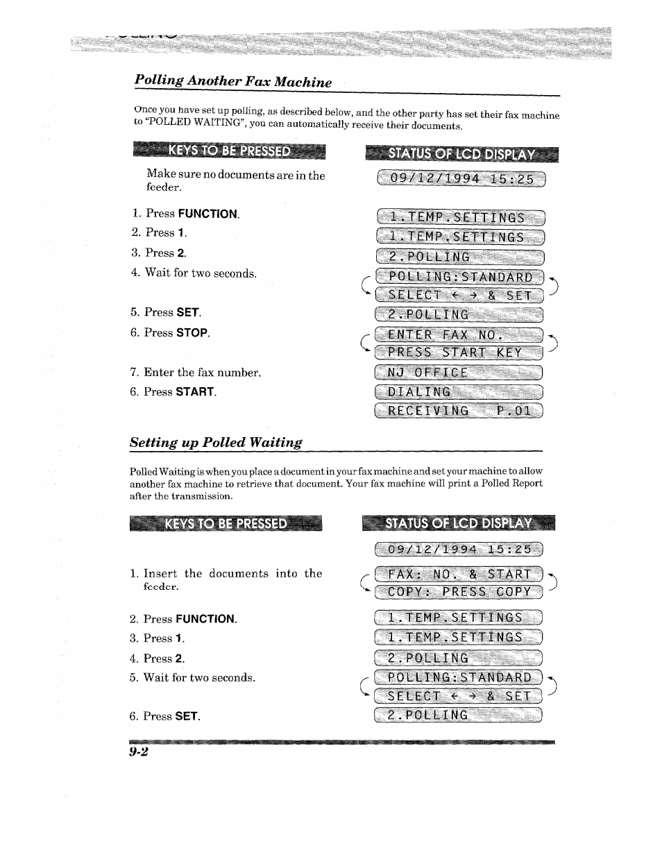 Press function, Status of lcd display, I 09/ic/j994 15:?5 ì | C_2 . poll, L2.polling, F enter fax no, Priss start kfy i, F nj office, Dialing, Keys to be pressed | Brother INTELLIFAX 710M User Manual | Page 72 / 92