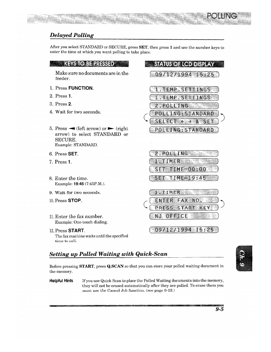 Polling, Keys to be presse, Make sure no documents are in the feeder | Press function, Press 1, Press 2, Wait for two seconds, Press set, Enter the time, Press stop | Brother INTELLIFAX 710M User Manual | Page 75 / 92