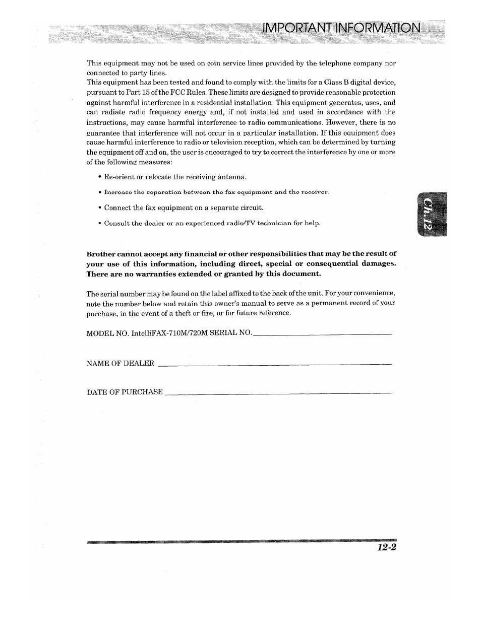 Important information | Brother INTELLIFAX 710M User Manual | Page 87 / 92