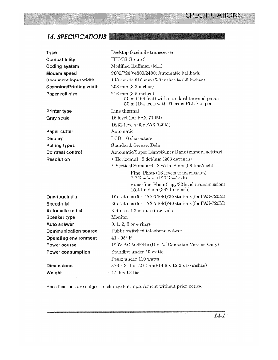 Bkbi..lml.aliuinb, Specifications | Brother INTELLIFAX 710M User Manual | Page 91 / 92