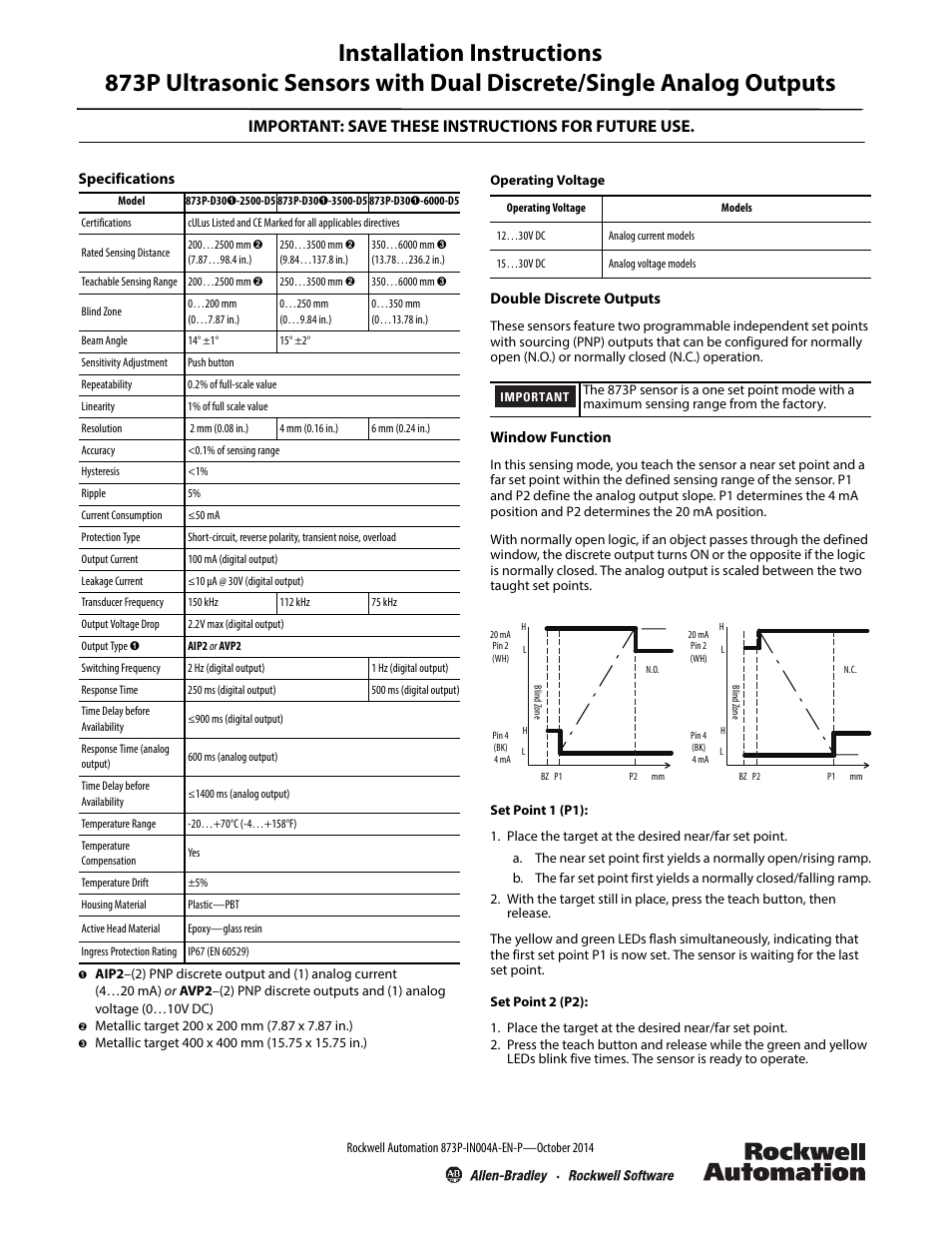 Rockwell Automation 873P Ultrasonic Sensors with Dual Discrete/Single Analog Outputs Installation User Manual | 4 pages