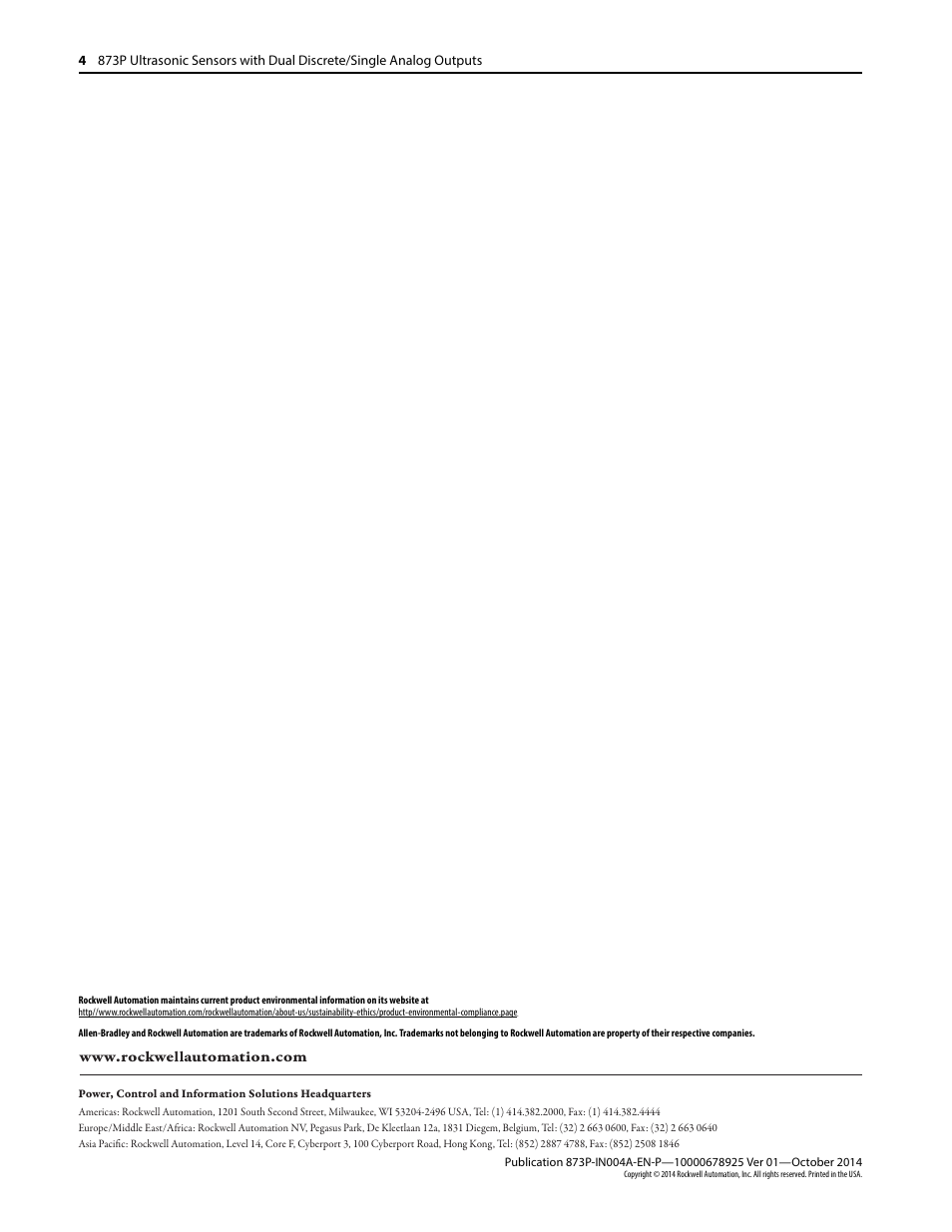 Rockwell Automation 873P Ultrasonic Sensors with Dual Discrete/Single Analog Outputs Installation User Manual | Page 4 / 4