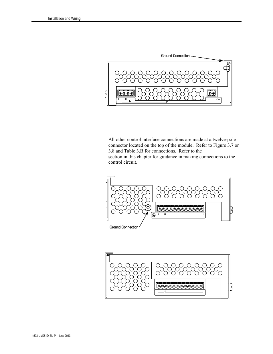 Interface connections, Connections (cont.), Figure 3.6 – bottom side connections (series b) | Figure 3.7 – top side connections (series a), Figure 3.8 – top side connections (series b), 8 installation and wiring | Rockwell Automation 1503VC IntelliVAC Contactor Control Module User Manual | Page 20 / 44