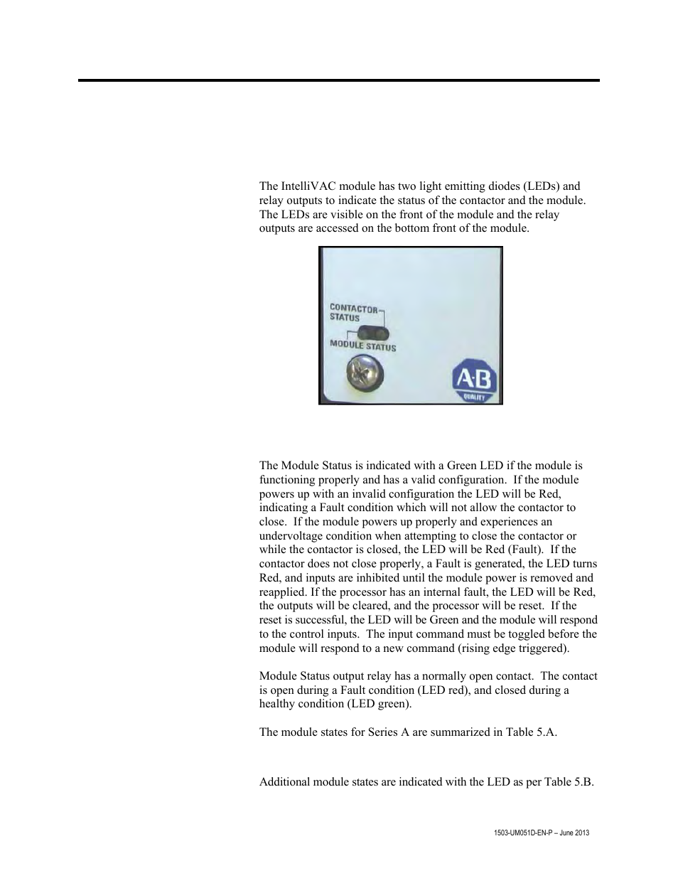 Chapter 5 – monitoring and troubleshooting, Introduction, Module status | Monitoring and troubleshooting, Chapter | Rockwell Automation 1503VC IntelliVAC Contactor Control Module User Manual | Page 33 / 44