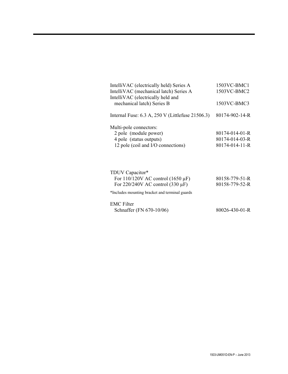 Chapter 6 – spare parts, Spare parts list, Spare parts | Chapter | Rockwell Automation 1503VC IntelliVAC Contactor Control Module User Manual | Page 39 / 44