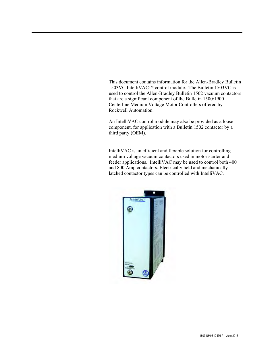 Chapter 1 – product description, Introduction, Description | Product description, Chapter | Rockwell Automation 1503VC IntelliVAC Contactor Control Module User Manual | Page 5 / 44