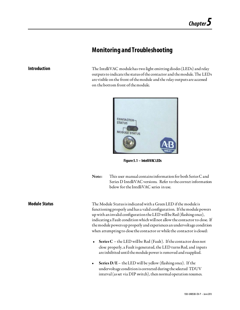 Chapter 5, Monitoring and troubleshooting, Chapter | Rockwell Automation 1503FC IntelliVAC Contactor Control Module - Series E User Manual | Page 39 / 55