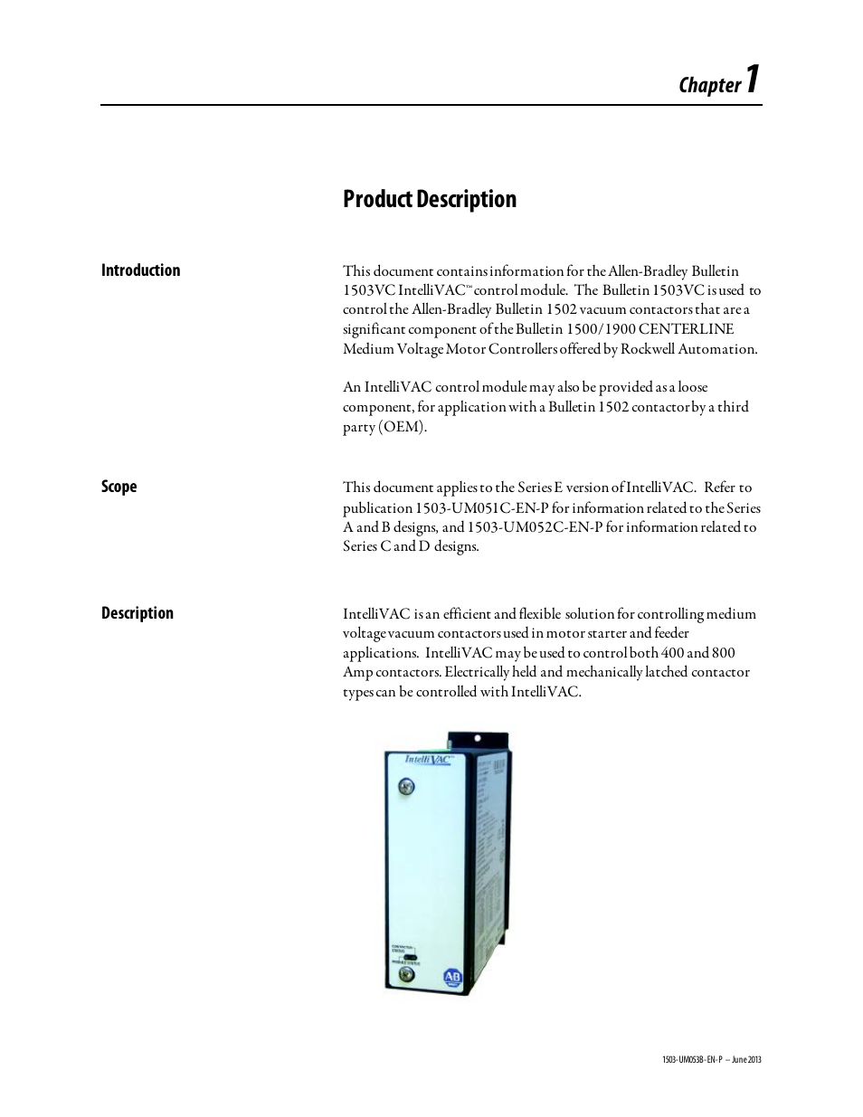 Chapter 1, Product description, Chapter | Rockwell Automation 1503FC IntelliVAC Contactor Control Module - Series E User Manual | Page 5 / 55