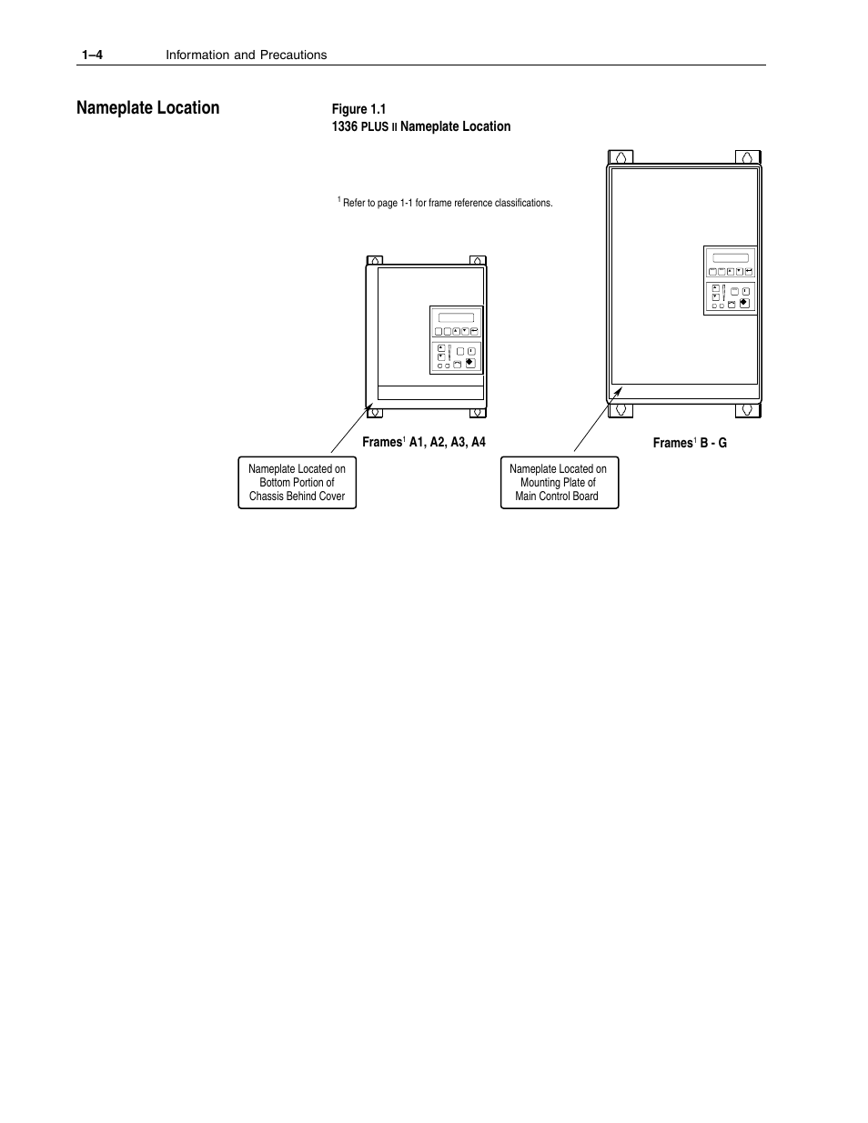 Nameplate location, Nameplate location –4 | Rockwell Automation 1336F PLUS II User Manual - Firmware 1.xxx-6.xxx User Manual | Page 10 / 212