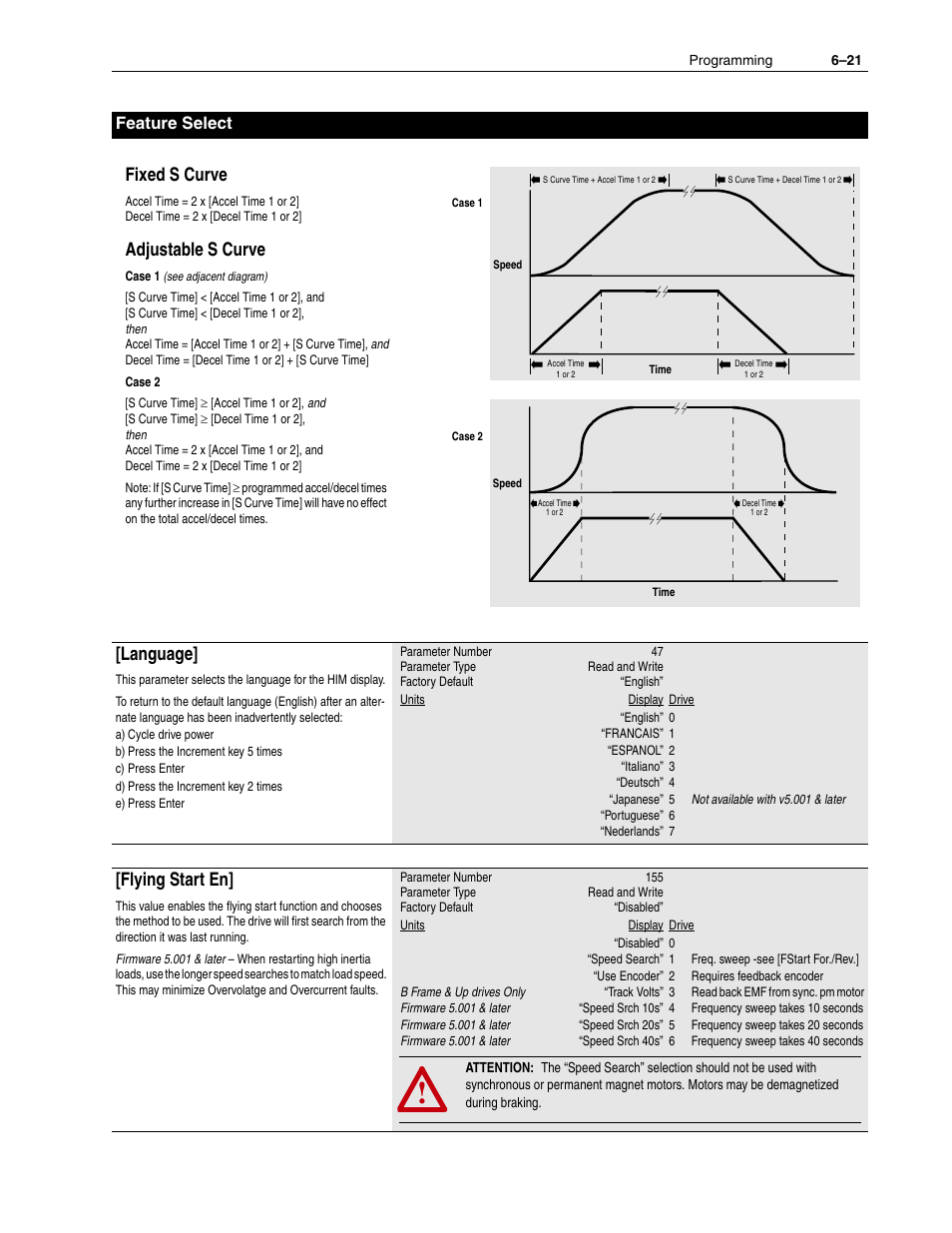 Fixed s curve, Adjustable s curve, Language | Flying start en, Feature select | Rockwell Automation 1336F PLUS II User Manual - Firmware 1.xxx-6.xxx User Manual | Page 103 / 212