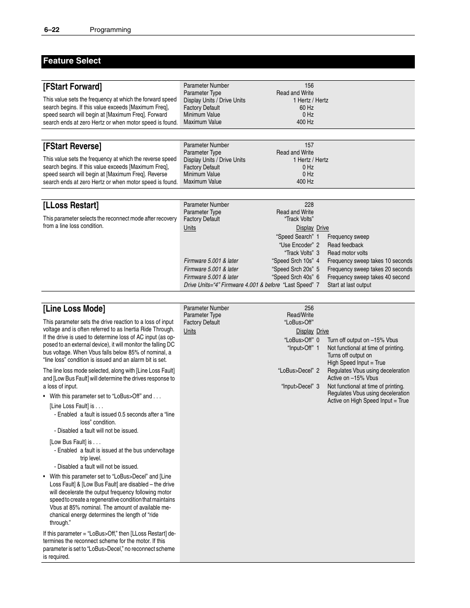 Fstart forward, Fstart reverse, Lloss restart | Line loss mode, Feature select | Rockwell Automation 1336F PLUS II User Manual - Firmware 1.xxx-6.xxx User Manual | Page 104 / 212