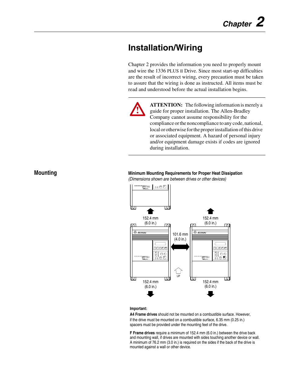 Chapter 2, Installation/wiring, Mounting | Mounting –1, Chapter | Rockwell Automation 1336F PLUS II User Manual - Firmware 1.xxx-6.xxx User Manual | Page 11 / 212