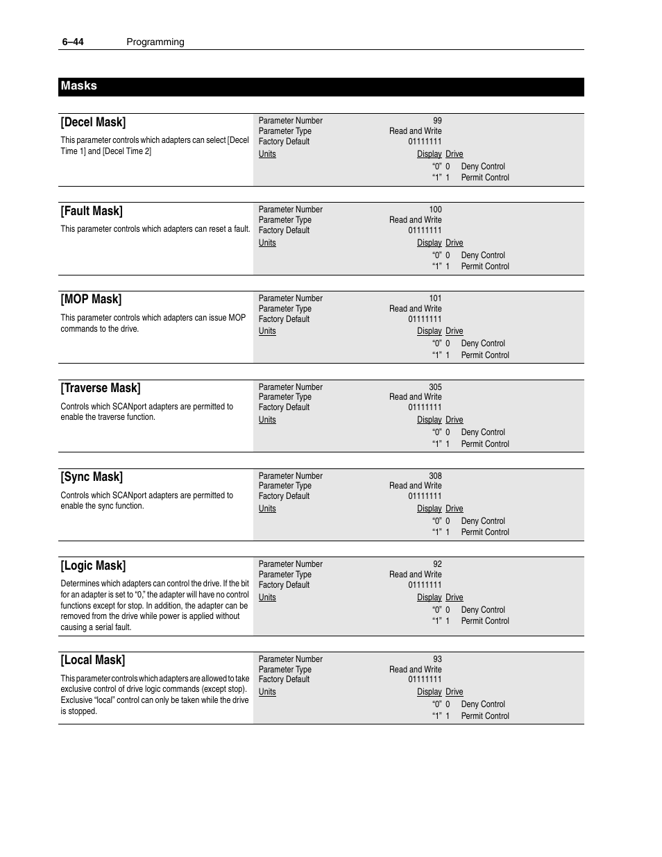 Decel mask, Fault mask, Mop mask | Traverse mask, Sync mask, Logic mask, Local mask, Masks | Rockwell Automation 1336F PLUS II User Manual - Firmware 1.xxx-6.xxx User Manual | Page 126 / 212