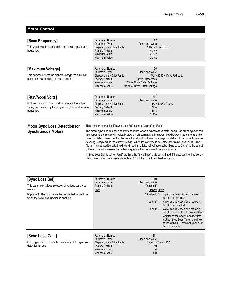 Base frequency, Maximum voltage, Run/accel volts | Motor sync loss detection for synchronous motors, Sync loss sel, Sync loss gain, Motor control | Rockwell Automation 1336F PLUS II User Manual - Firmware 1.xxx-6.xxx User Manual | Page 141 / 212