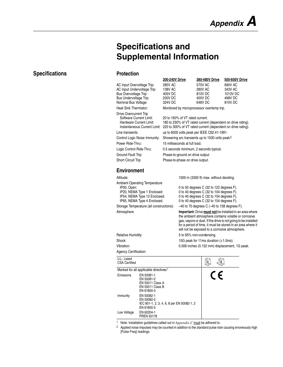 Appendix a, Specifications and supplemental information, Specifications | Appendix, Protection, Environment | Rockwell Automation 1336F PLUS II User Manual - Firmware 1.xxx-6.xxx User Manual | Page 157 / 212