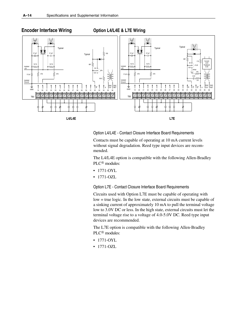 Encoder interface wiring, Option l4/l4e & l7e wiring, A–14 specifications and supplemental information | L4/l4e l7e | Rockwell Automation 1336F PLUS II User Manual - Firmware 1.xxx-6.xxx User Manual | Page 170 / 212