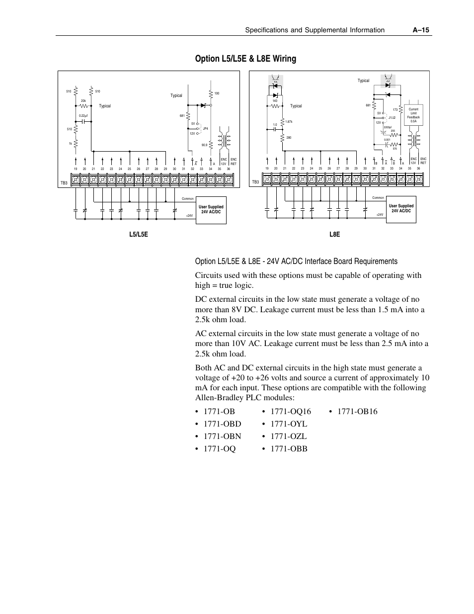 Option l5/l5e & l8e wiring, Specifications and supplemental information a–15, L5/l5e l8e | Rockwell Automation 1336F PLUS II User Manual - Firmware 1.xxx-6.xxx User Manual | Page 171 / 212