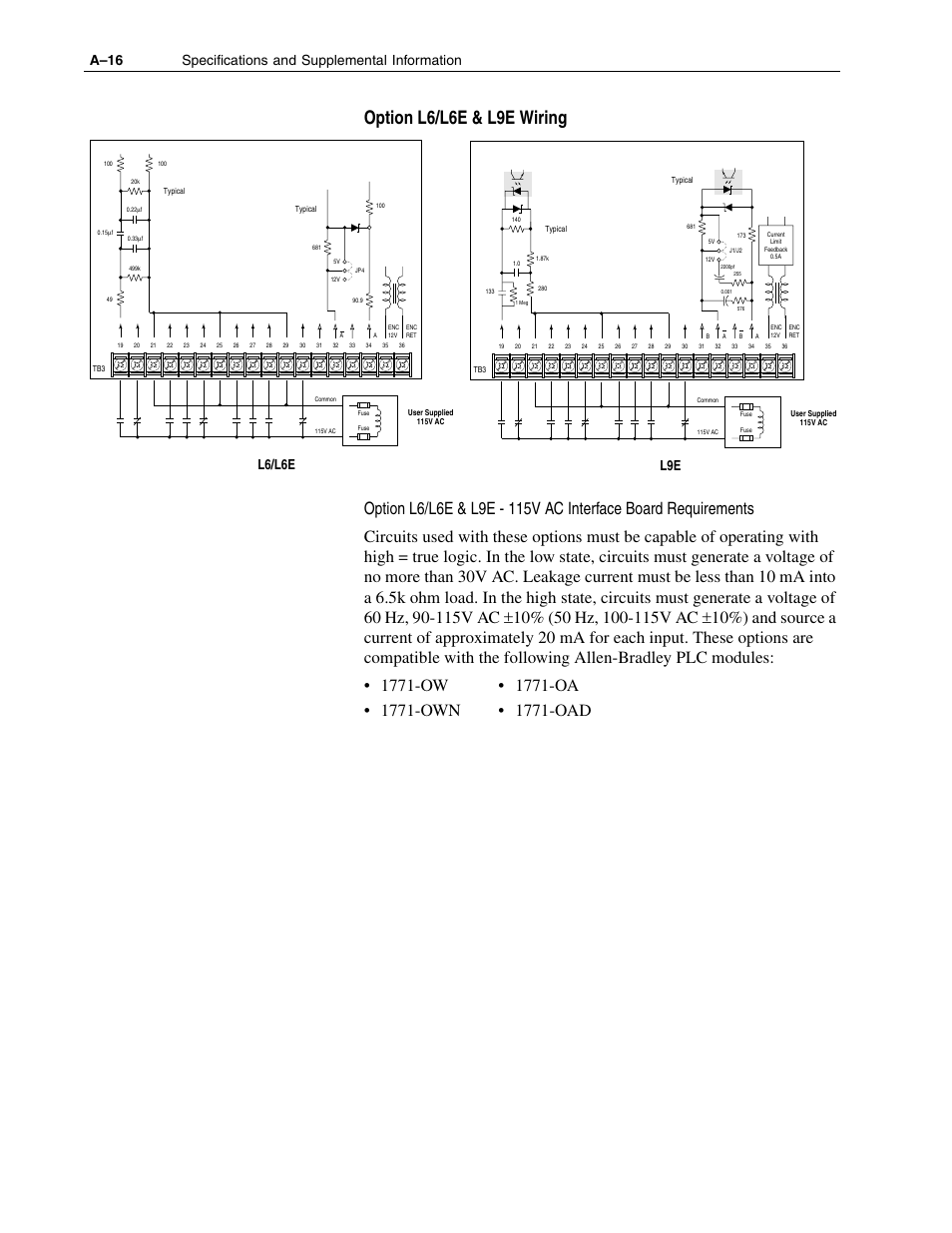 Option l6/l6e & l9e wiring, A–16 specifications and supplemental information, L6/l6e l9e | Rockwell Automation 1336F PLUS II User Manual - Firmware 1.xxx-6.xxx User Manual | Page 172 / 212