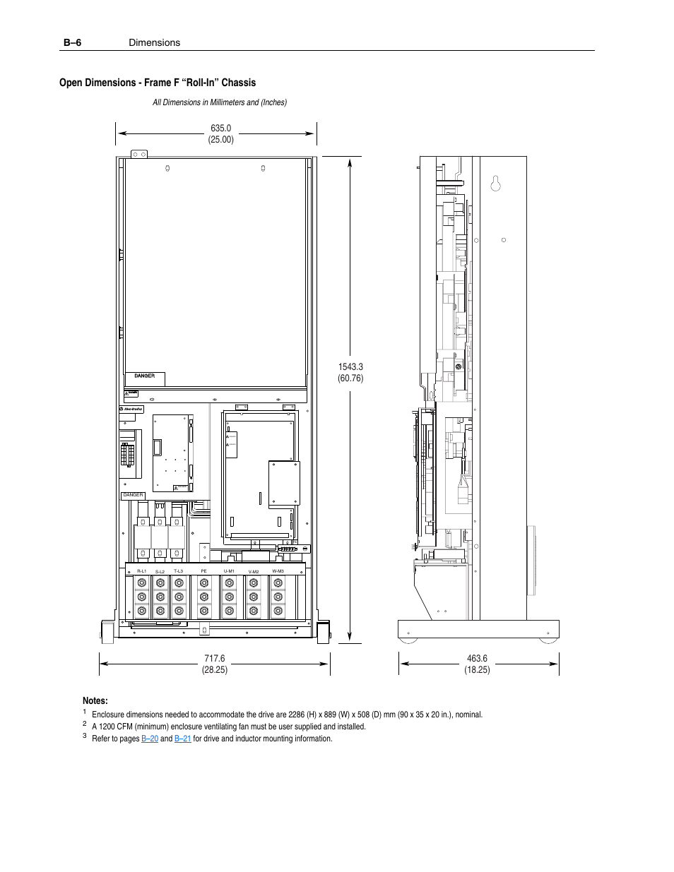 Open dimensions - frame f “roll-in” chassis, B–6 dimensions | Rockwell Automation 1336F PLUS II User Manual - Firmware 1.xxx-6.xxx User Manual | Page 180 / 212