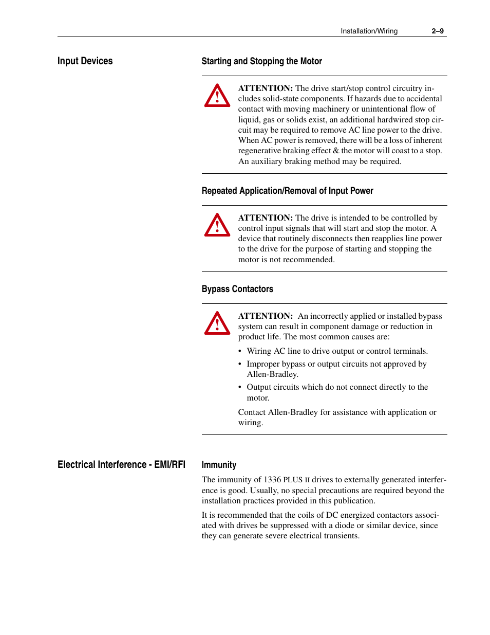 Input devices, Electrical interference - emi/rfi | Rockwell Automation 1336F PLUS II User Manual - Firmware 1.xxx-6.xxx User Manual | Page 19 / 212