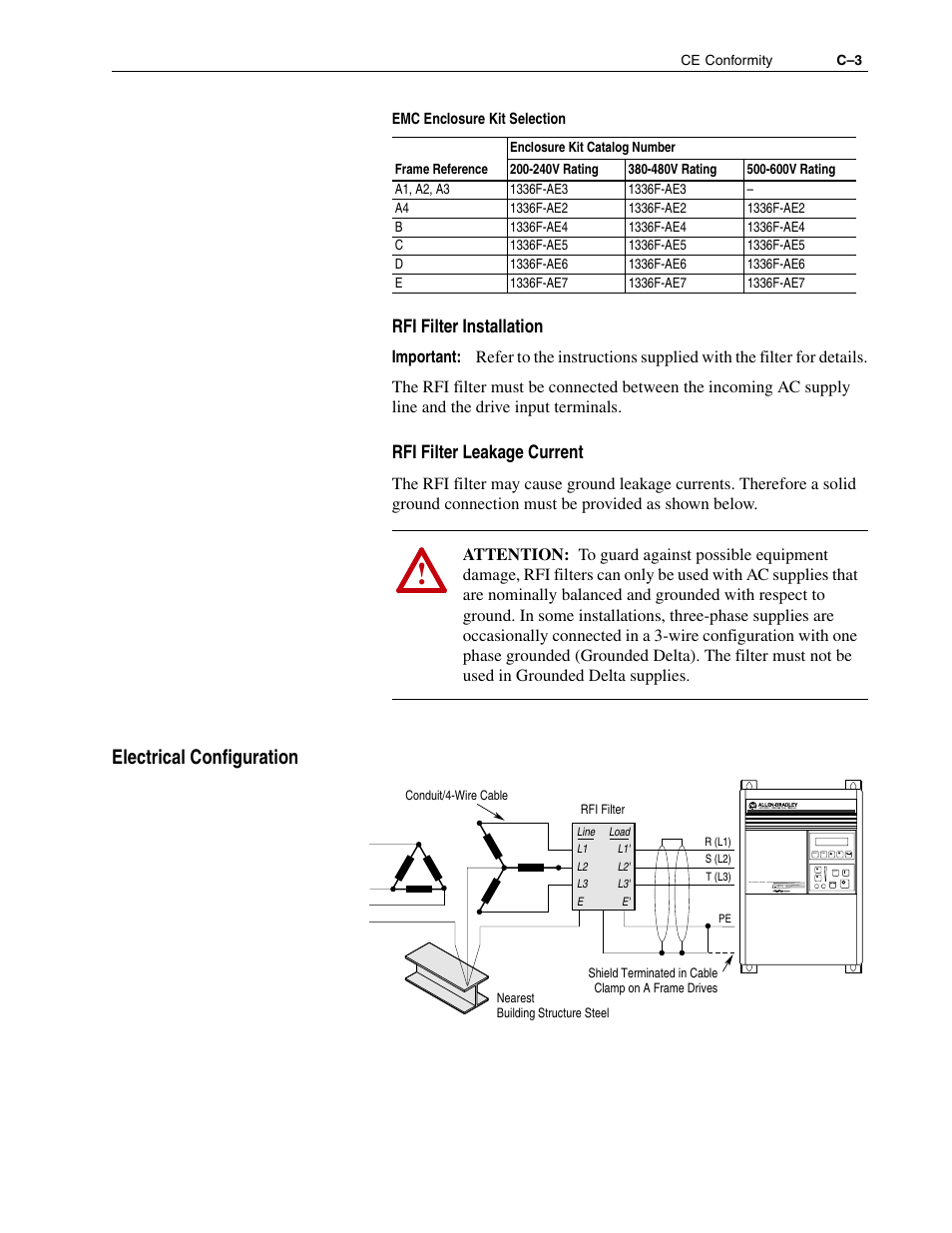 Electrical configuration, Rfi filter installation, Rfi filter leakage current | Rockwell Automation 1336F PLUS II User Manual - Firmware 1.xxx-6.xxx User Manual | Page 199 / 212