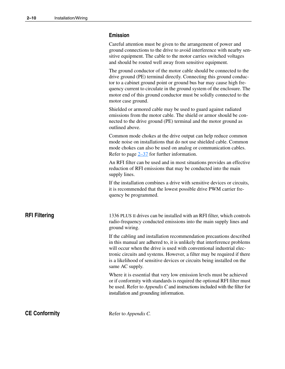 Rfi filtering, Ce conformity, Rfi filtering –10 ce conformity –10 | Rockwell Automation 1336F PLUS II User Manual - Firmware 1.xxx-6.xxx User Manual | Page 20 / 212