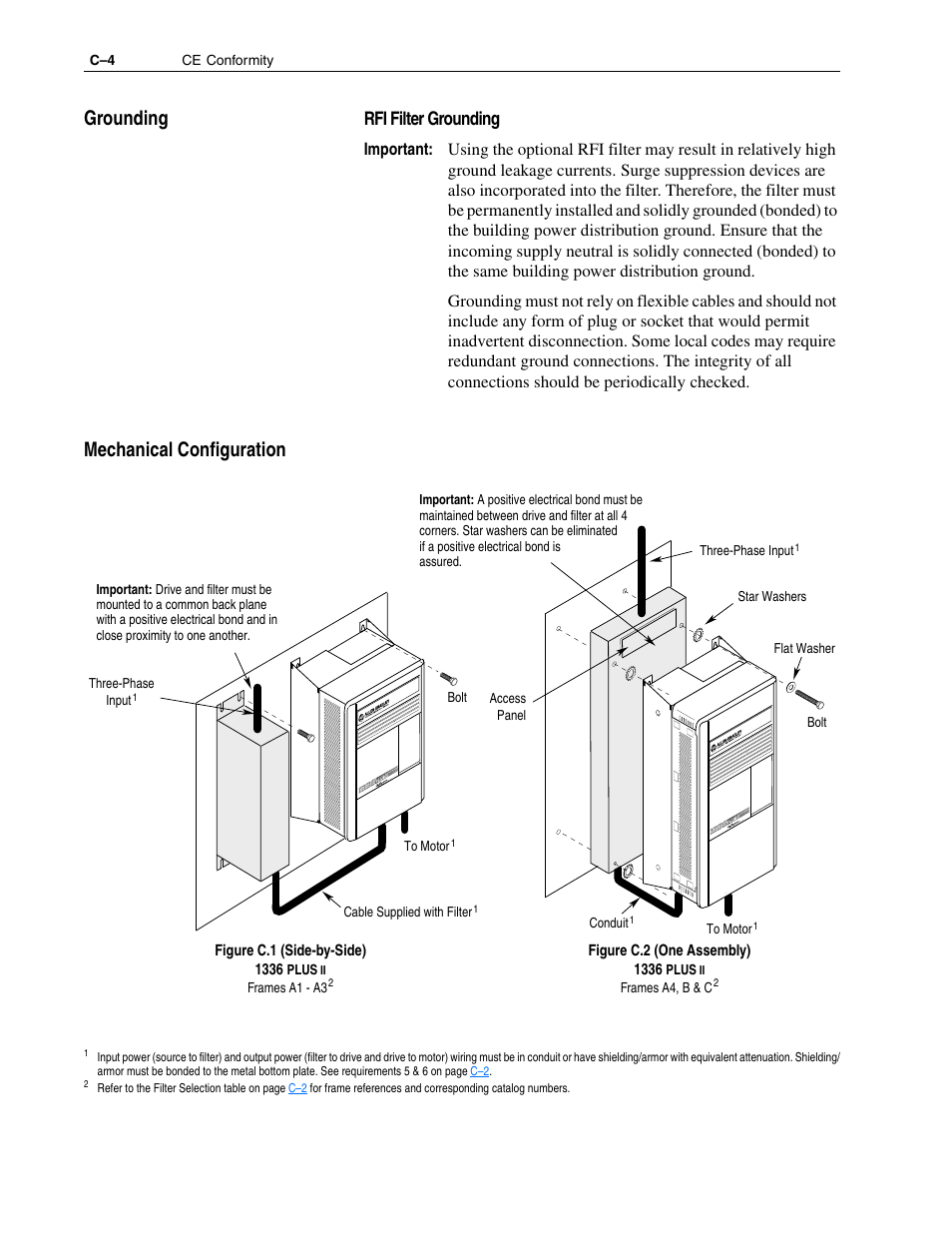 Grounding, Mechanical configuration, Figure c.1 | Figure c.2, Rfi filter grounding | Rockwell Automation 1336F PLUS II User Manual - Firmware 1.xxx-6.xxx User Manual | Page 200 / 212