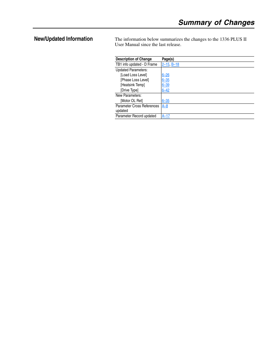 New/updated information, Summary of changes | Rockwell Automation 1336F PLUS II User Manual - Firmware 1.xxx-6.xxx User Manual | Page 3 / 212