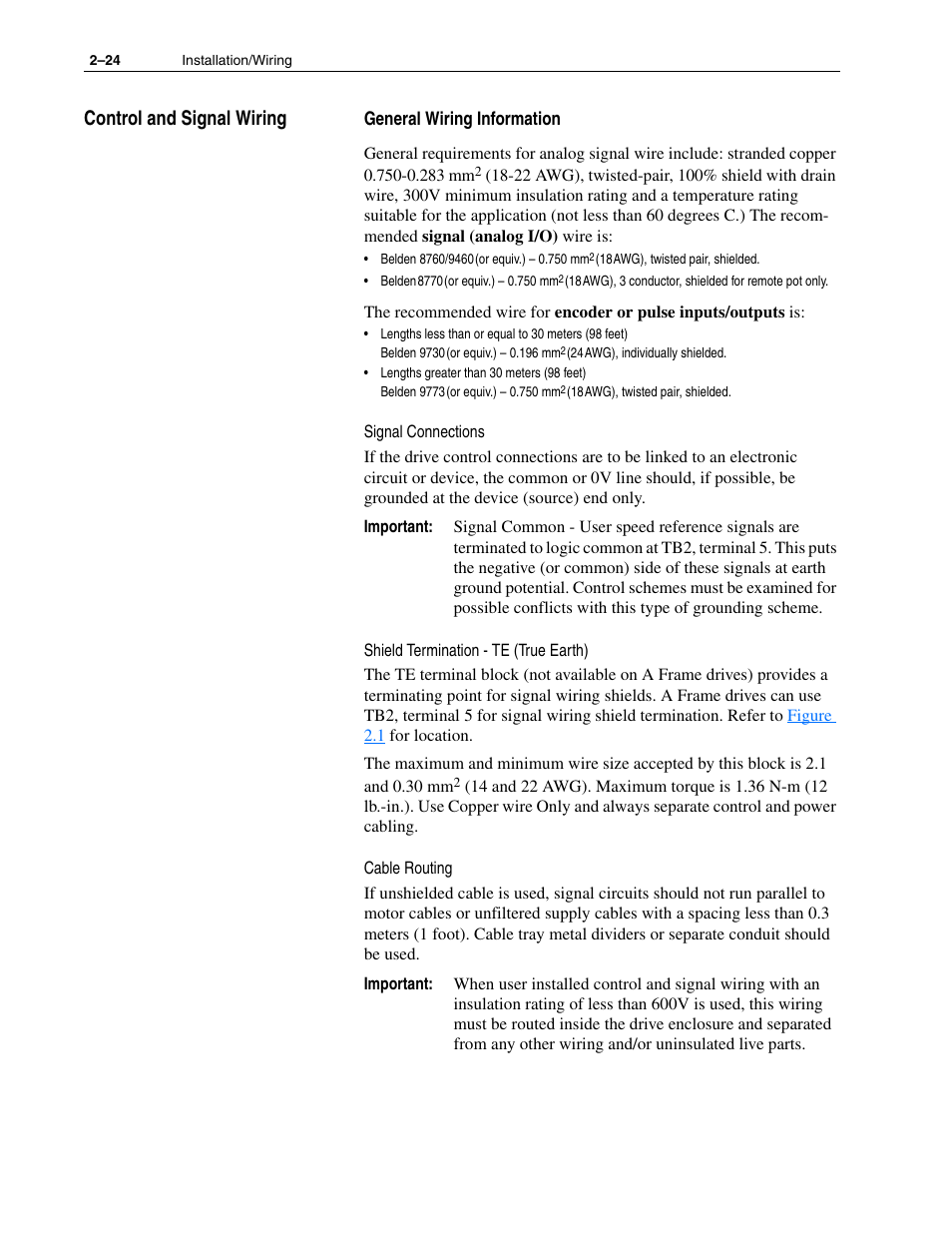 Control and signal wiring, Control and signal wiring –24 | Rockwell Automation 1336F PLUS II User Manual - Firmware 1.xxx-6.xxx User Manual | Page 34 / 212