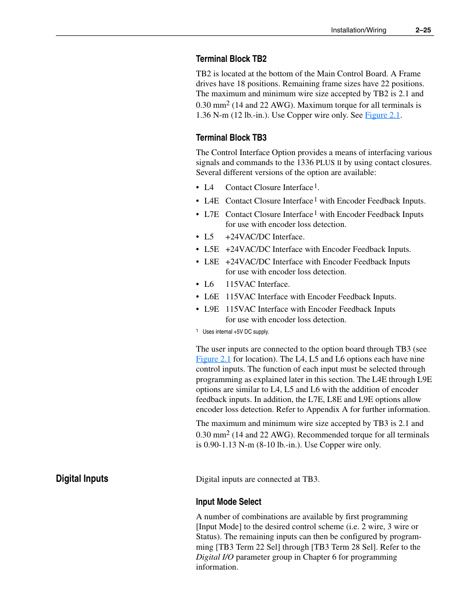 Digital inputs, Digital inputs –25 | Rockwell Automation 1336F PLUS II User Manual - Firmware 1.xxx-6.xxx User Manual | Page 35 / 212