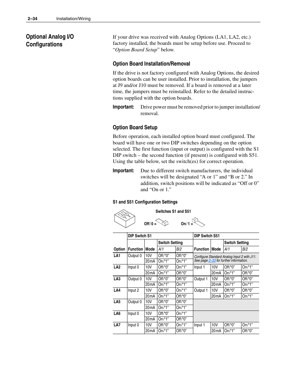 Optional analog i/o configurations, Optional analog i/o configurations –34, Option board installation/removal | Option board setup | Rockwell Automation 1336F PLUS II User Manual - Firmware 1.xxx-6.xxx User Manual | Page 44 / 212