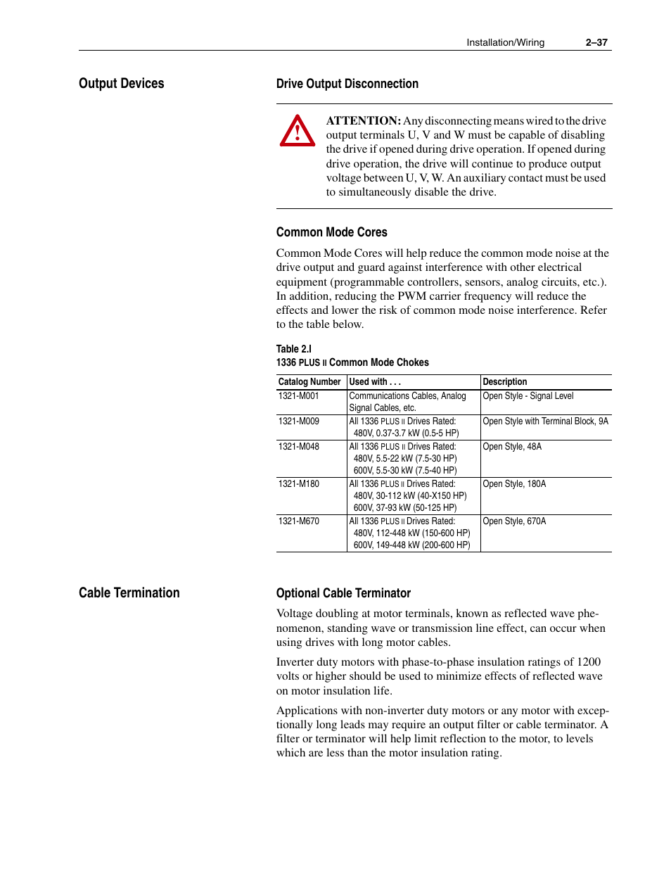 Output devices, Cable termination, Output devices –37 cable termination –37 | Rockwell Automation 1336F PLUS II User Manual - Firmware 1.xxx-6.xxx User Manual | Page 47 / 212