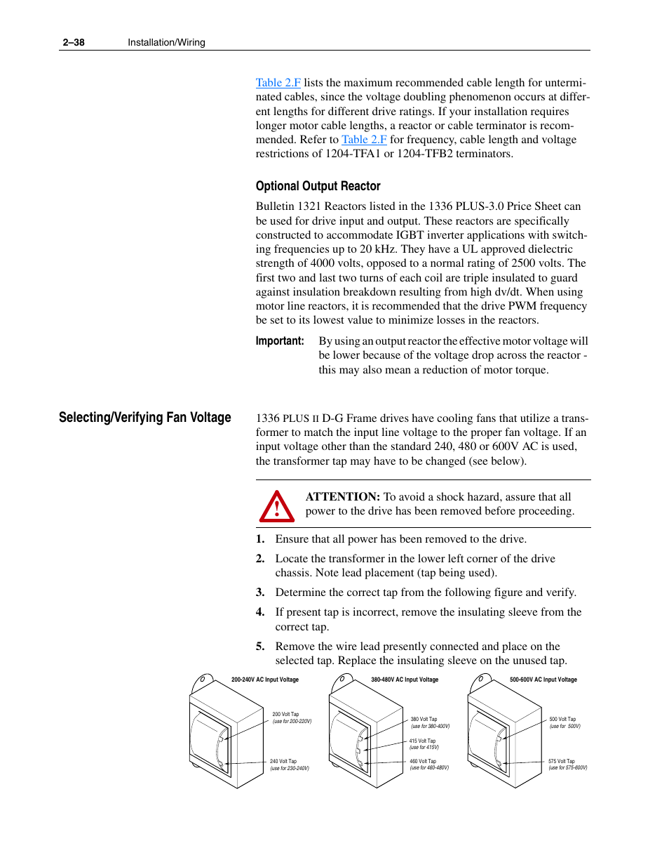 Selecting/verifying fan voltage, Selecting/verifying fan voltage –38 | Rockwell Automation 1336F PLUS II User Manual - Firmware 1.xxx-6.xxx User Manual | Page 48 / 212