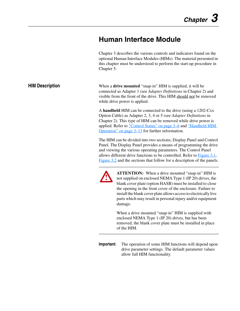 Chapter 3, Human interface module, Him description | Him description –1, Chapter | Rockwell Automation 1336F PLUS II User Manual - Firmware 1.xxx-6.xxx User Manual | Page 53 / 212
